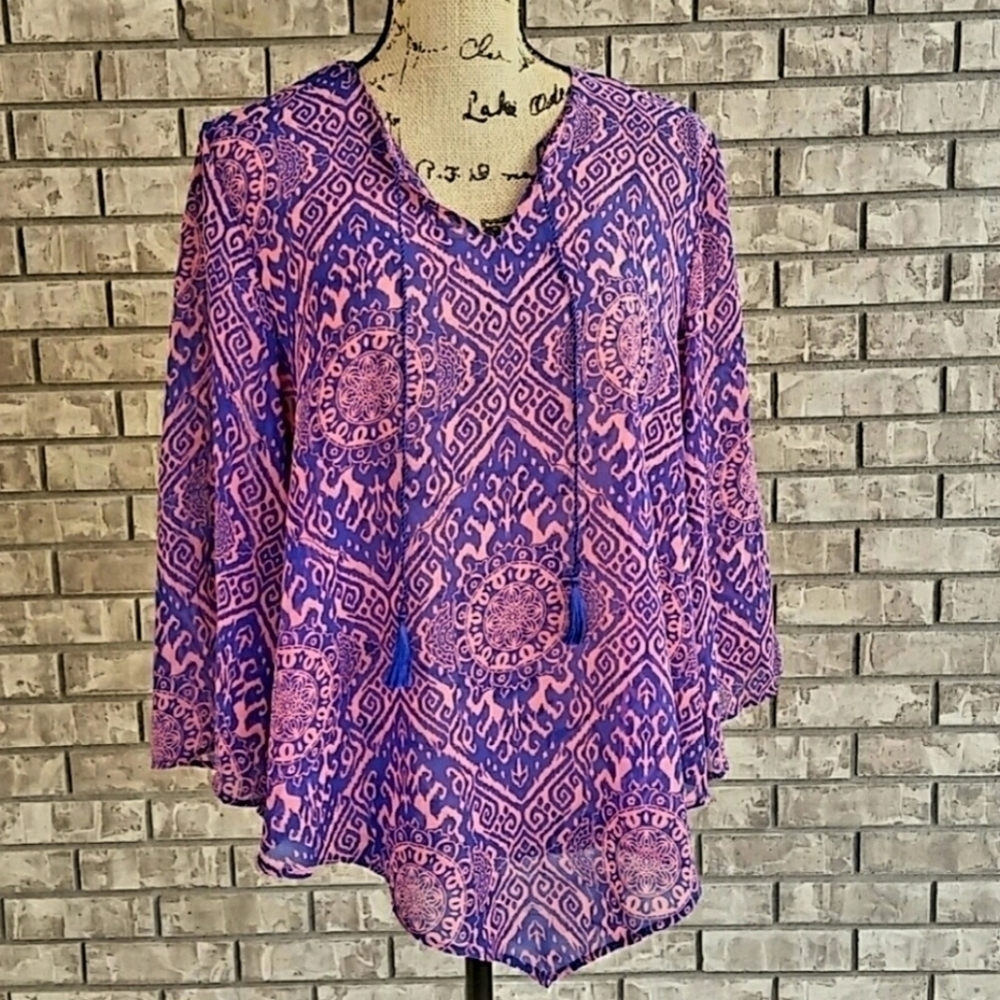 Banana Republic Pink Royal Blue Top Tassel Tie Women's Small S Flowy V-Neck EUC